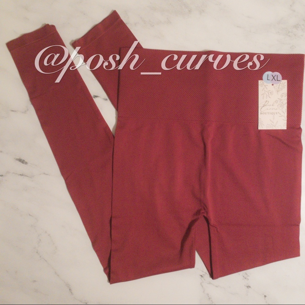 Zenana Seamless High-Waist Tummy Control Leggings: Cabernet Red | Size L/XL NWT. - Picture 4 of 10